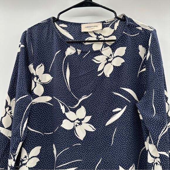 Loyd/Ford Navy Blue & Off White Floral Print Shift Dress Size 4 - Picture 2 of 9